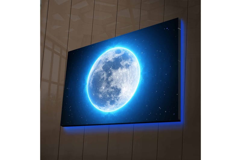 Lerretsbilde med LED-belysning - Lysende fullmåne omgitt av stjerner - Blå / Hvit / Mørk blå - Interiør - Maleri & posters - Lerretsbilder