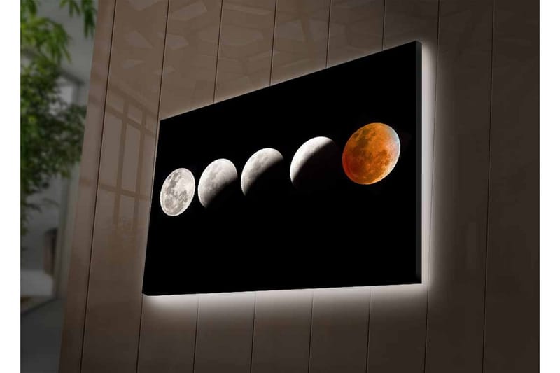 Lerretsbilde med LED-belysning - Månefaser i forskjellige former mot svart bakgrunn - Grå / Svart / Rød - Interiør - Maleri & posters - Lerretsbilder