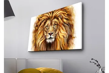 Lerretsbilde med LED-belysning - Majestetisk løvehode med detaljert man og uttrykksfulle øyne - Gull / Brun / Beige - Interiør - Maleri & posters - Lerretsbilder