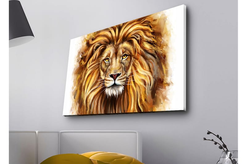 Lerretsbilde med LED-belysning - Majestetisk løvehode med detaljert man og uttrykksfulle øyne - Gull / Brun / Beige - Interiør - Maleri & posters - Lerretsbilder