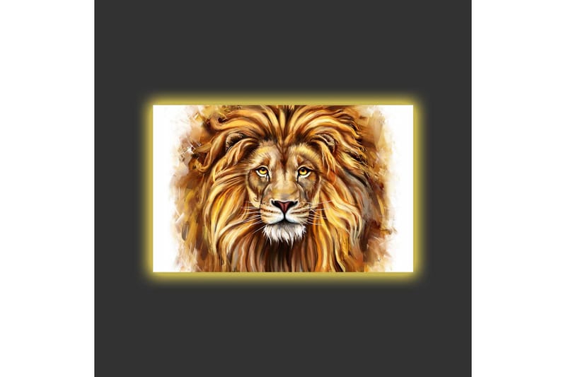 Lerretsbilde med LED-belysning - Majestetisk løvehode med detaljert man og uttrykksfulle øyne - Gull / Brun / Beige - Interiør - Maleri & posters - Lerretsbilder