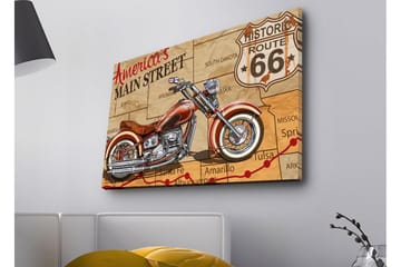 Lerretsbilde med LED-belysning - Motorsykkel på et kart over Route 66 - Rød / Beige / Svart - Interiør - Maleri & posters - Lerretsbilder