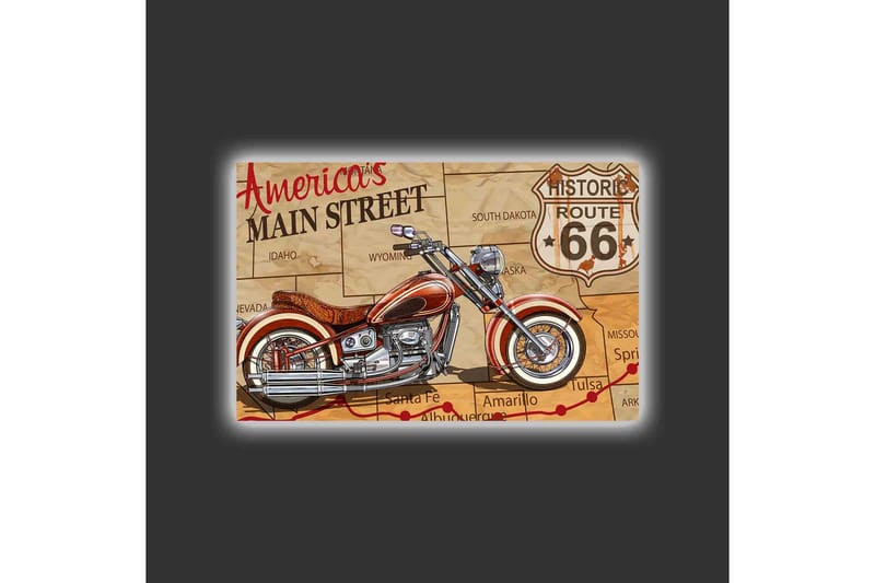 Lerretsbilde med LED-belysning - Motorsykkel på et kart over Route 66 - Rød / Beige / Svart - Interiør - Maleri & posters - Lerretsbilder