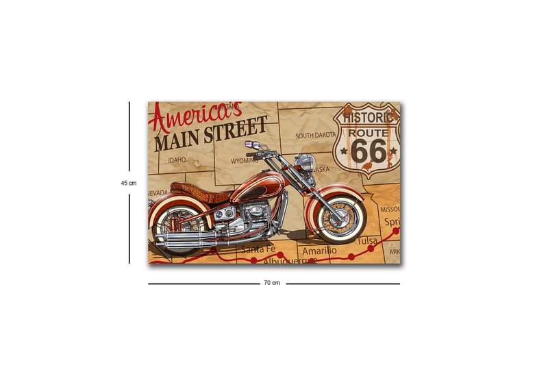 Lerretsbilde med LED-belysning - Motorsykkel på et kart over Route 66 - Rød / Beige / Svart - Interiør - Maleri & posters - Lerretsbilder