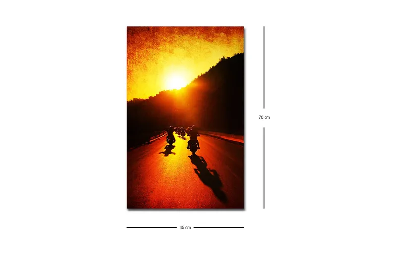 Lerretsbilde med LED-belysning - Motorsykler som kjører langs en vei i solnedgangens gylne lys - Gull / Oransje / Svart - Interiør - Maleri & posters - Lerretsbilder