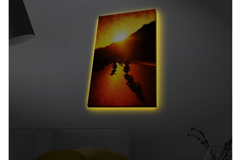 Lerretsbilde med LED-belysning - Motorsykler som kjører langs en vei i solnedgangens gylne lys - Gull / Oransje / Svart - Interiør - Maleri & posters - Lerretsbilder