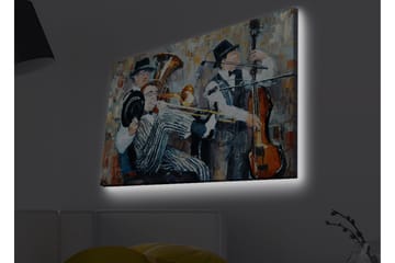 Lerretsbilde med LED-belysning - Musikalsk opptreden med tre musikere som spiller - Mørk blå / Oransje / Hvit - Interiør - Maleri & posters - Lerretsbilder