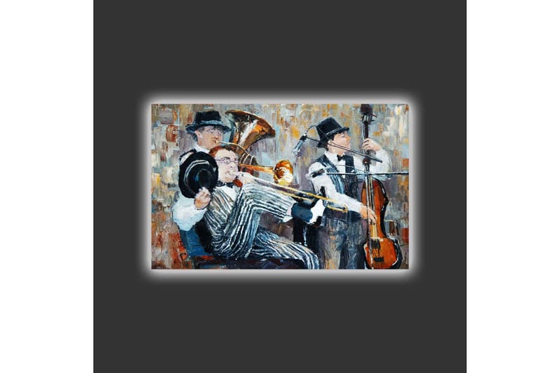 Lerretsbilde med LED-belysning - Musikalsk opptreden med tre musikere som spiller - Mørk blå / Oransje / Hvit - Interiør - Maleri & posters - Lerretsbilder