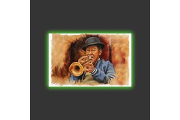 Lerretsbilde med LED-belysning - Musiker som spiller trompet med uttrykksfulle trekk - Brun / Bl å / Beige - Interiør - Maleri & posters - Lerretsbilder