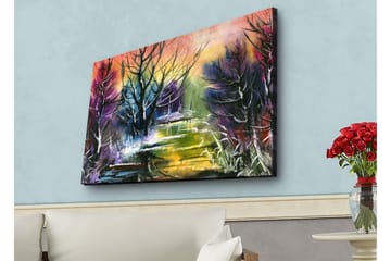 Lerretsbilde med LED-belysning - Mystisk landskap med silhuetter av trær i skumringen - Lilla / Grønn / Svart - Interiør - Maleri & posters - Lerretsbilder