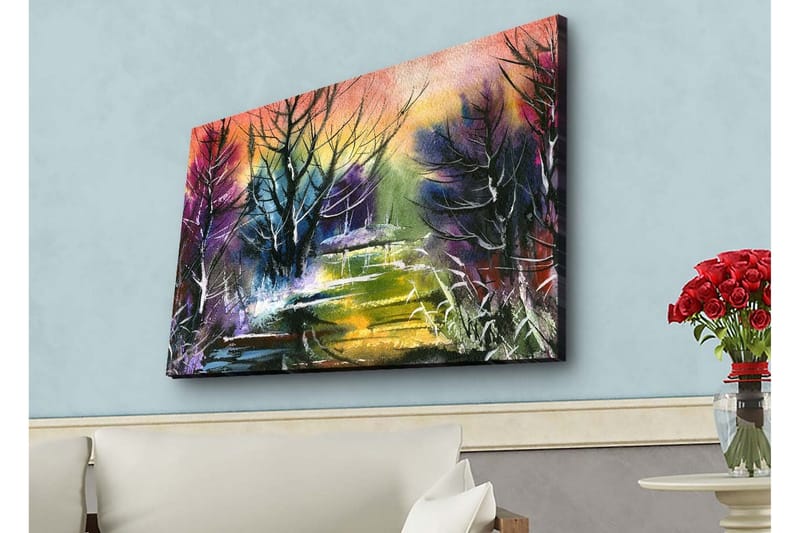 Lerretsbilde med LED-belysning - Mystisk landskap med silhuetter av trær i skumringen - Lilla / Grønn / Svart - Interiør - Maleri & posters - Lerretsbilder