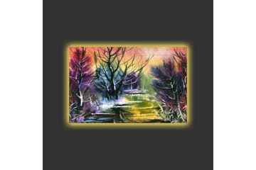 Lerretsbilde med LED-belysning - Mystisk landskap med silhuetter av trær i skumringen - Lilla / Grønn / Svart - Interiør - Maleri & posters - Lerretsbilder