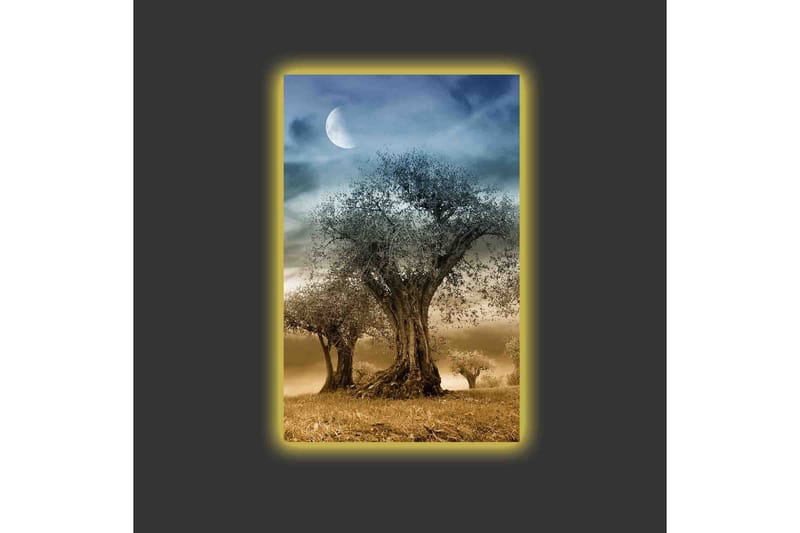 Lerretsbilde med LED-belysning - Mystisk landskap med silhuetter av trær under en måne - Grå / Brun / Svart - Interiør - Maleri & posters - Lerretsbilder