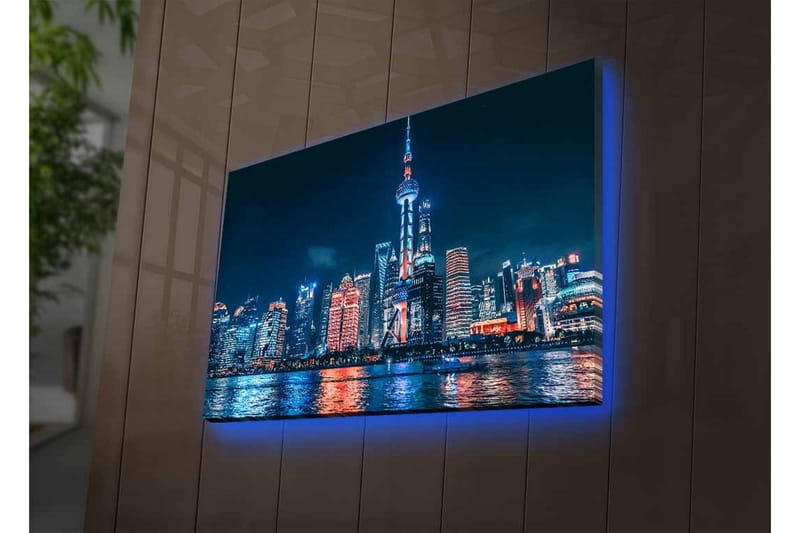 Lerretsbilde med LED-belysning - Nattlig bybilde av Shanghai med lyse skyskrapere og refleksjoner i vannet - Mørk blå / Oransje / Hvit - Interiør - Maleri & posters - Lerretsbilder