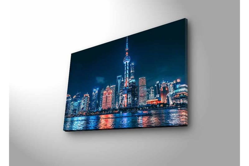Lerretsbilde med LED-belysning - Nattlig bybilde av Shanghai med lyse skyskrapere og refleksjoner i vannet - Mørk blå / Oransje / Hvit - Interiør - Maleri & posters - Lerretsbilder