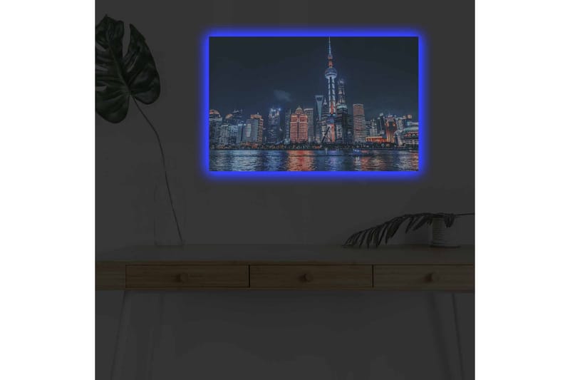 Lerretsbilde med LED-belysning - Nattlig bybilde av Shanghai med lyse skyskrapere og refleksjoner i vannet - Mørk blå / Oransje / Hvit - Interiør - Maleri & posters - Lerretsbilder