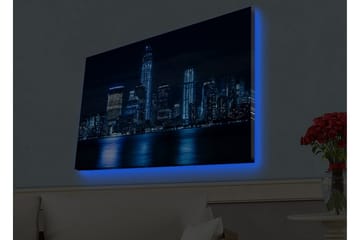 Lerretsbilde med LED-belysning - Nattlig bybilde med opplyste skyskrapere - Mørk blå / Svart / Lys blå - Interiør - Maleri & posters - Lerretsbilder