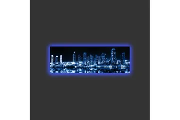 Lerretsbilde med LED-belysning - Nattlig bysilhuett med opplyste skyskrapere - Mørk blå / Svart / Hvit - Interiør - Maleri & posters - Lerretsbilder