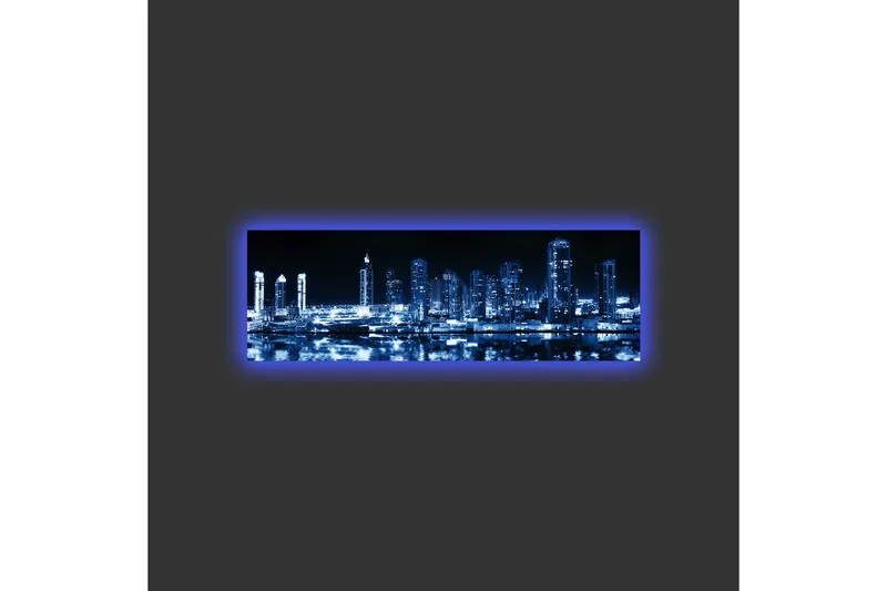 Lerretsbilde med LED-belysning - Nattlig bysilhuett med opplyste skyskrapere - Mørk blå / Svart / Hvit - Interiør - Maleri & posters - Lerretsbilder