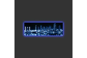 Lerretsbilde med LED-belysning - Nattlig bysilhuett med opplyste skyskrapere - Mørk blå / Svart / Hvit - Interiør - Maleri & posters - Lerretsbilder