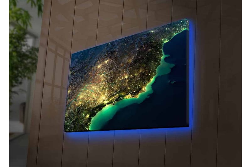 Lerretsbilde med LED-belysning - Nattutsikt over en by med lys og hav - Mørk blå / Grønn / Gul - Interiør - Maleri & posters - Lerretsbilder