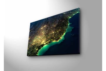 Lerretsbilde med LED-belysning - Nattutsikt over en by med lys og hav - Mørk blå / Grønn / Gul - Interiør - Maleri & posters - Lerretsbilder