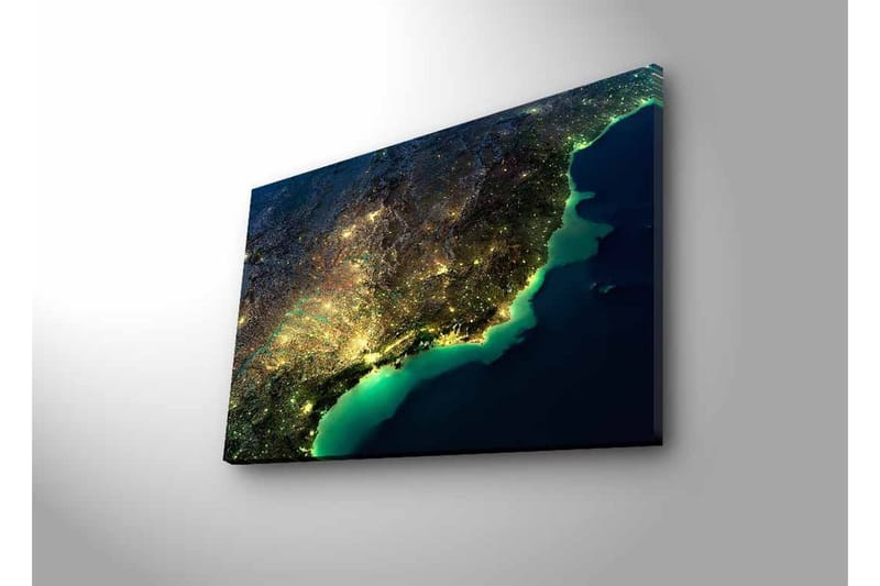 Lerretsbilde med LED-belysning - Nattutsikt over en by med lys og hav - Mørk blå / Grønn / Gul - Interiør - Maleri & posters - Lerretsbilder