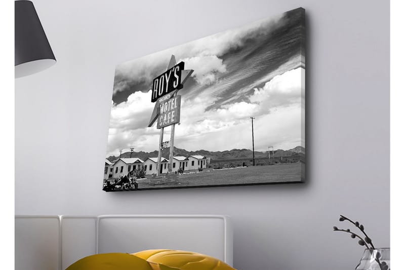 Lerretsbilde med LED-belysning - Nostalgisk skilt fra et motell i et ørkenlandskap - Svart / Hvit / Grå - Interiør - Maleri & posters - Lerretsbilder