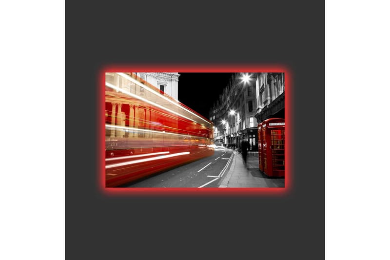 Lerretsbilde med LED-belysning - Rød buss i bevegelse på en svart-hvit bygate - Rød / Svart / Grå - Interiør - Maleri & posters - Lerretsbilder