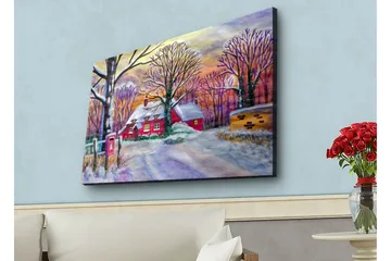 Lerretsbilde med LED-belysning - Rød hytte omgitt av snødekte trær og et vinterlandskap - Rød / Hvit / Lilla - Interiør - Maleri & posters - Lerretsbilder