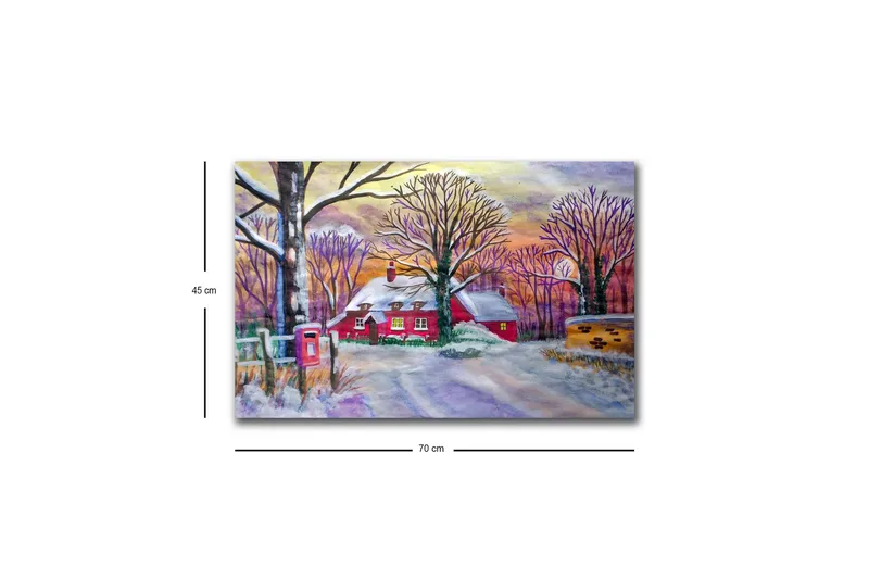 Lerretsbilde med LED-belysning - Rød hytte omgitt av snødekte trær og et vinterlandskap - Rød / Hvit / Lilla - Interiør - Maleri & posters - Lerretsbilder