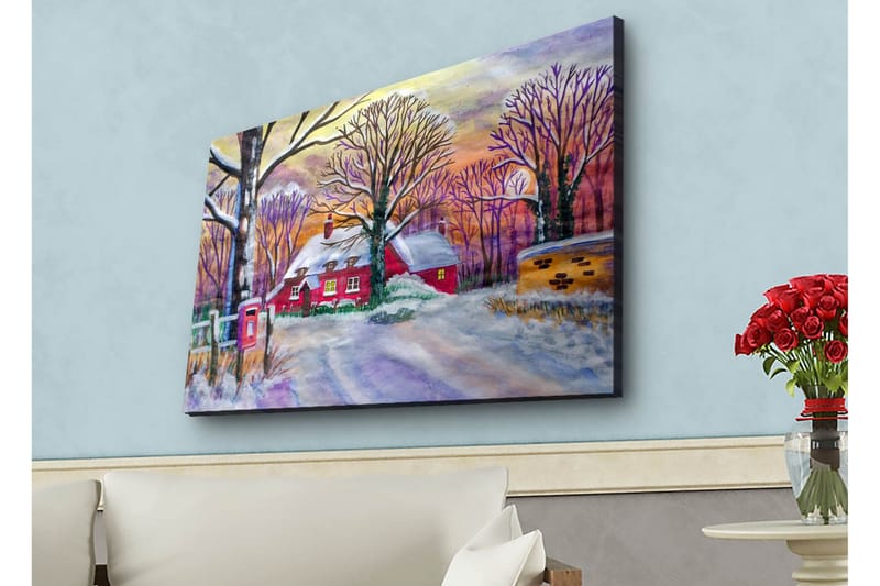 Lerretsbilde med LED-belysning - Rød hytte omgitt av snødekte trær og et vinterlandskap - Rød / Hvit / Lilla - Interiør - Maleri & posters - Lerretsbilder