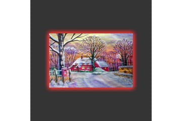 Lerretsbilde med LED-belysning - Rød hytte omgitt av snødekte trær og et vinterlandskap - Rød / Hvit / Lilla - Interiør - Maleri & posters - Lerretsbilder