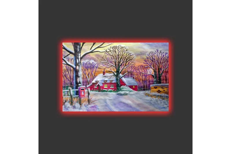 Lerretsbilde med LED-belysning - Rød hytte omgitt av snødekte trær og et vinterlandskap - Rød / Hvit / Lilla - Interiør - Maleri & posters - Lerretsbilder