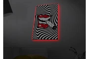 Lerretsbilde med LED-belysning - Røde lepper med en sigarett i munnen mot en svart og hvit spiralbakgrunn - Rød / Svart / Hvit - Interiør - Maleri & posters - Lerretsbilder