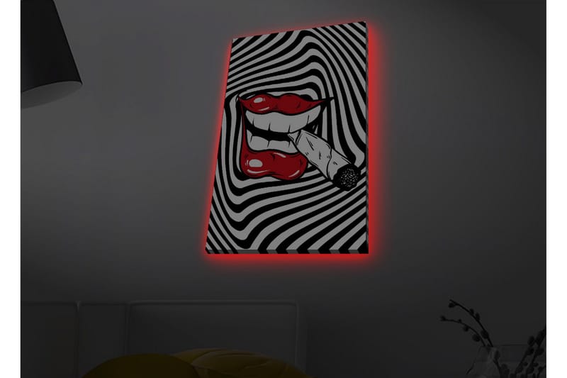 Lerretsbilde med LED-belysning - Røde lepper med en sigarett i munnen mot en svart og hvit spiralbakgrunn - Rød / Svart / Hvit - Interiør - Maleri & posters - Lerretsbilder