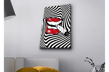 Lerretsbilde med LED-belysning - Røde lepper med en sigarett i munnen mot en svart og hvit spiralbakgrunn - Rød / Svart / Hvit - Interiør - Maleri & posters - Lerretsbilder