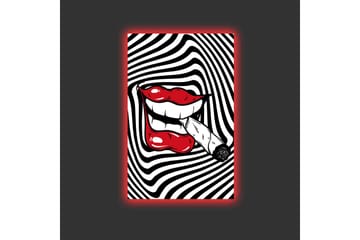 Lerretsbilde med LED-belysning - Røde lepper med en sigarett i munnen mot en svart og hvit spiralbakgrunn - Rød / Svart / Hvit - Interiør - Maleri & posters - Lerretsbilder