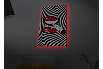 Lerretsbilde med LED-belysning - Røde lepper med en sigarett i munnen mot en svart og hvit spiralbakgrunn - Rød / Svart / Hvit - Interiør - Maleri & posters - Lerretsbilder
