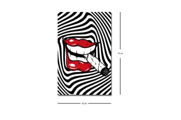 Lerretsbilde med LED-belysning - Røde lepper med en sigarett i munnen mot en svart og hvit spiralbakgrunn - Rød / Svart / Hvit - Interiør - Maleri & posters - Lerretsbilder