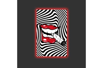 Lerretsbilde med LED-belysning - Røde lepper med en sigarett i munnen mot en svart og hvit spiralbakgrunn - Rød / Svart / Hvit - Interiør - Maleri & posters - Lerretsbilder