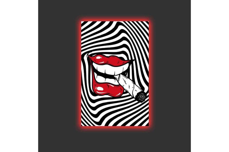 Lerretsbilde med LED-belysning - Røde lepper med en sigarett i munnen mot en svart og hvit spiralbakgrunn - Rød / Svart / Hvit - Interiør - Maleri & posters - Lerretsbilder