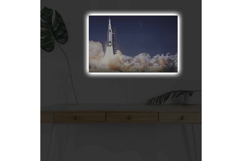 Lerretsbilde med LED-belysning - Rakett som letter ut i verdensrommet omgitt av røykskyer - Mørk blå / Hvit / Grå - Interiør - Maleri & posters - Lerretsbilder