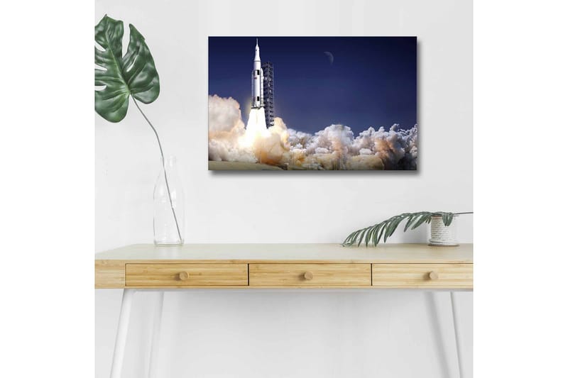 Lerretsbilde med LED-belysning - Rakett som letter ut i verdensrommet omgitt av røykskyer, Mørk blå / Hvit / Grå