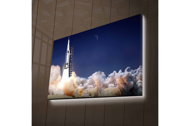 Lerretsbilde med LED-belysning - Rakett som letter ut i verdensrommet omgitt av røykskyer - Mørk blå / Hvit / Grå - Interiør - Maleri & posters - Lerretsbilder