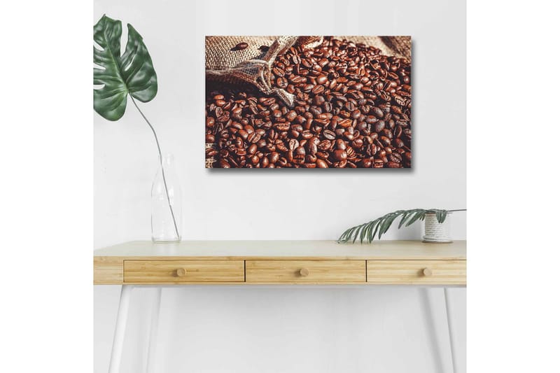 Lerretsbilde med LED-belysning - Rike kaffebønner i et naturlig miljø, Mørk brun / Lys brun