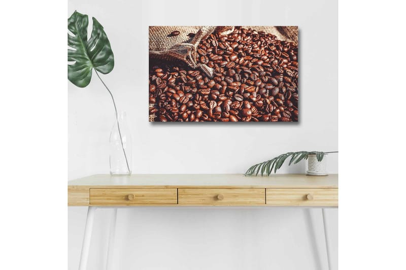 Lerretsbilde med LED-belysning - Rike kaffebønner i et naturlig miljø, Mørk brun / Lys brun