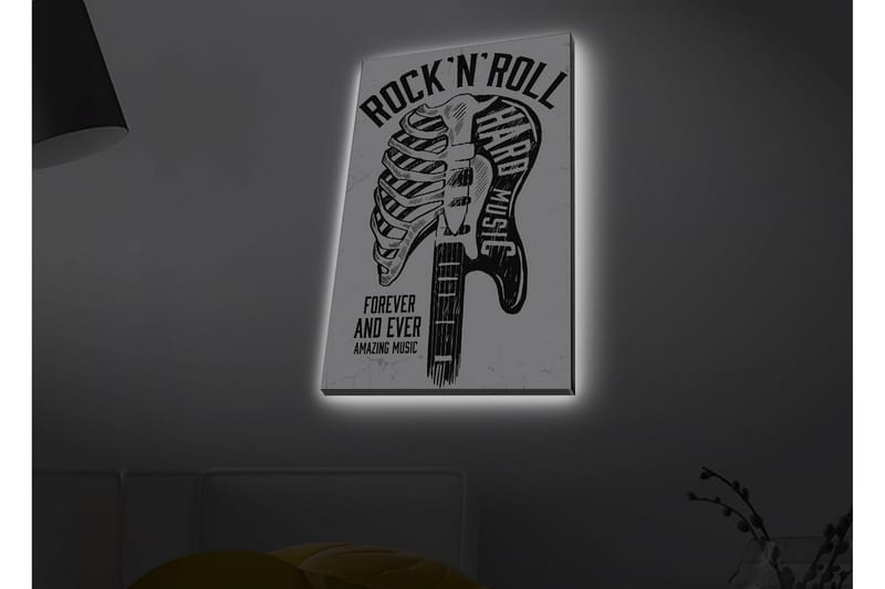 Lerretsbilde med LED-belysning - Rock'n'roll-gitar med skjelettmotiv, Svart / Hvit