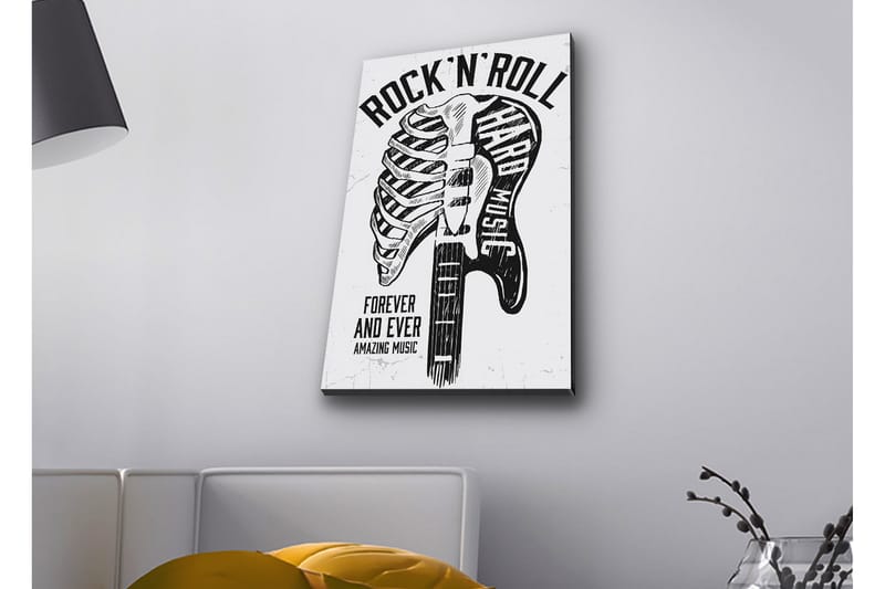 Lerretsbilde med LED-belysning - Rock'n'roll-gitar med skjelettmotiv - Svart / Hvit - Interiør - Maleri & posters - Lerretsbilder