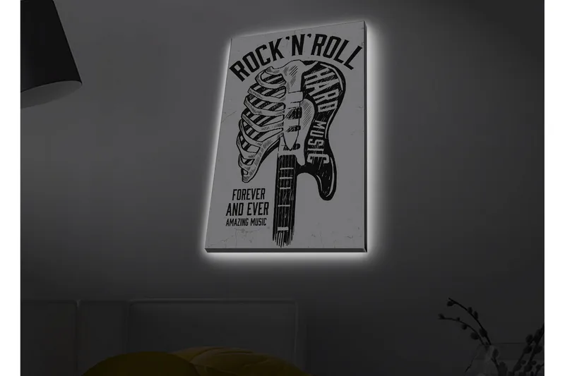 Lerretsbilde med LED-belysning - Rock'n'roll-gitar med skjelettmotiv, Svart / Hvit